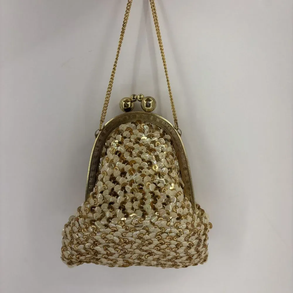 Vintage 1950s Sequin Evening Bag Gold-Iridescent White Metal‎ Frame Purse